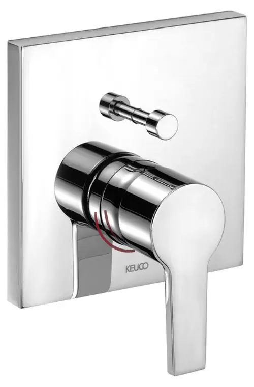 Chromfarbener Wannen- und Duschthermostat mit einem runden Drehgriff und einem kleinen Hebel, elegantes Design, integrierte Markenbezeichnung.